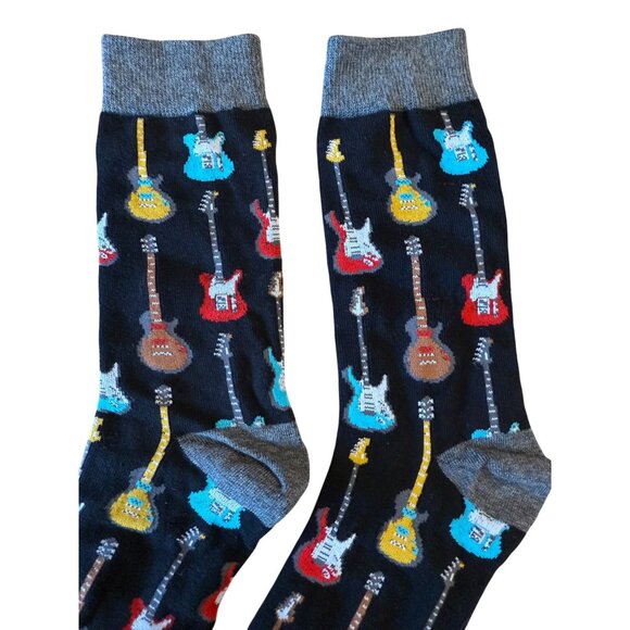 Mens Black Crew Socks With Colorful Electric Guitar Pattern Musician Rock Band A - Picture 3 of 6
